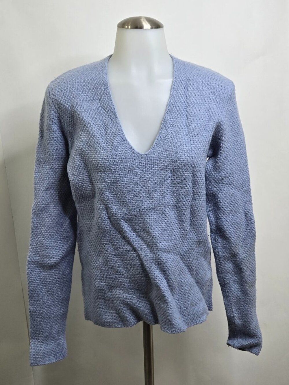 Eileen Fisher S Sweater Blue V-neck 100% Merino Wool Thick Fitted Waffle Knit